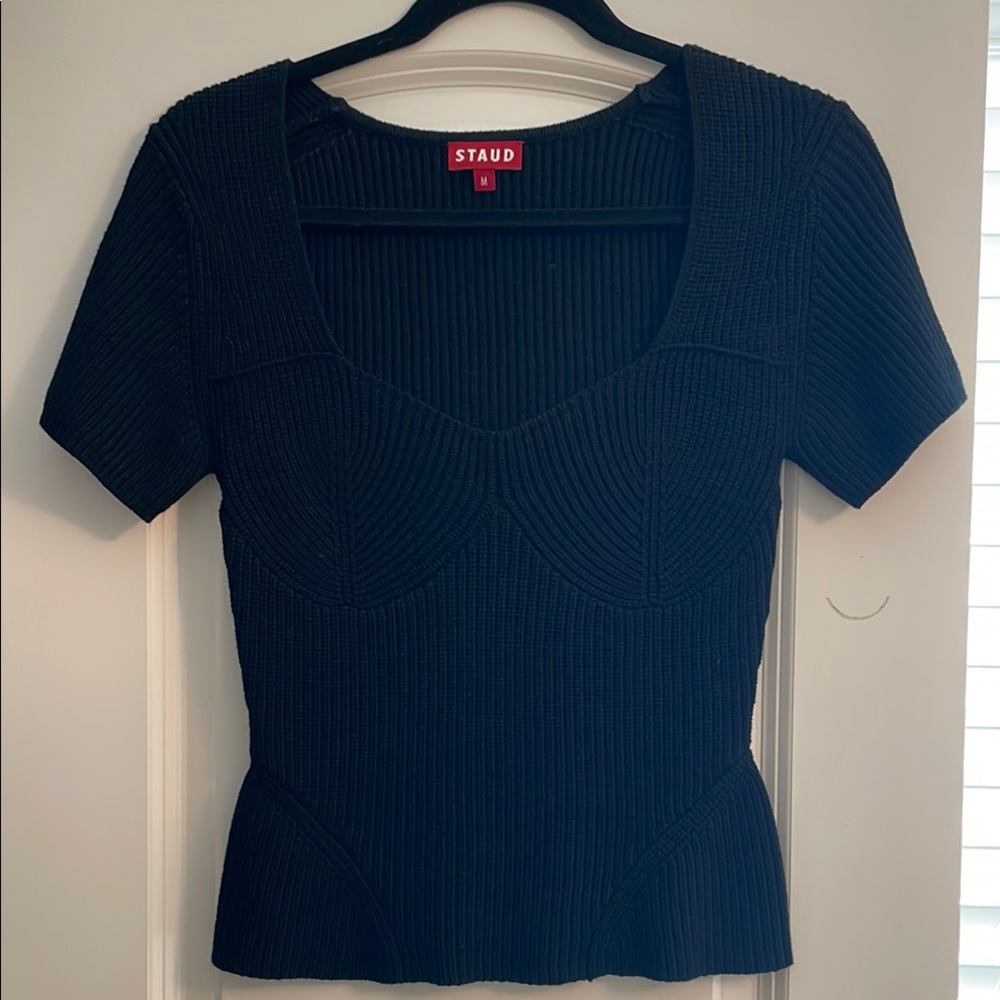STAUD Blue Fitted Ribbed Blouse
